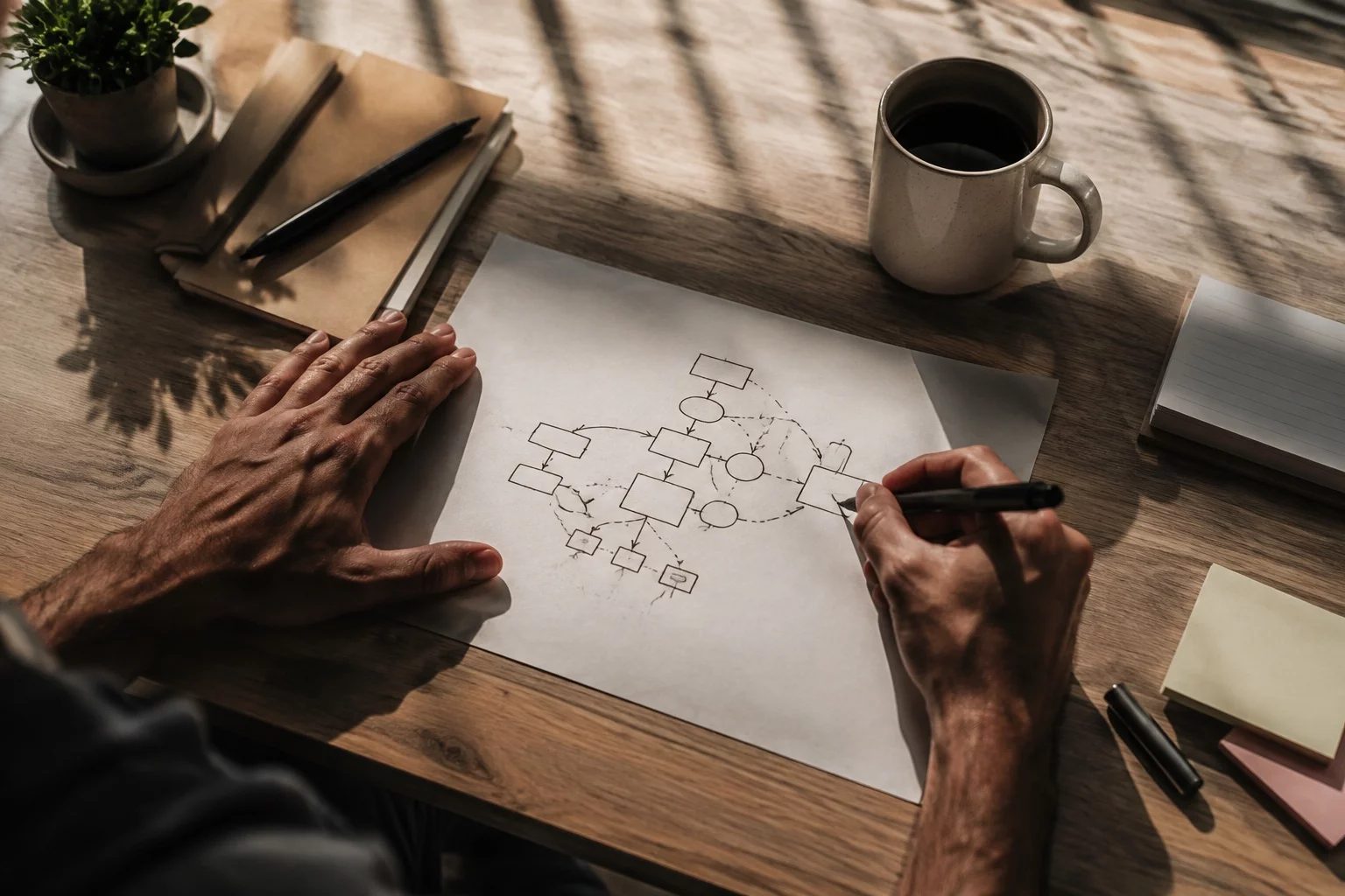 Vista de cima de uma mesa com um diagrama de lógica desenhado à mão
