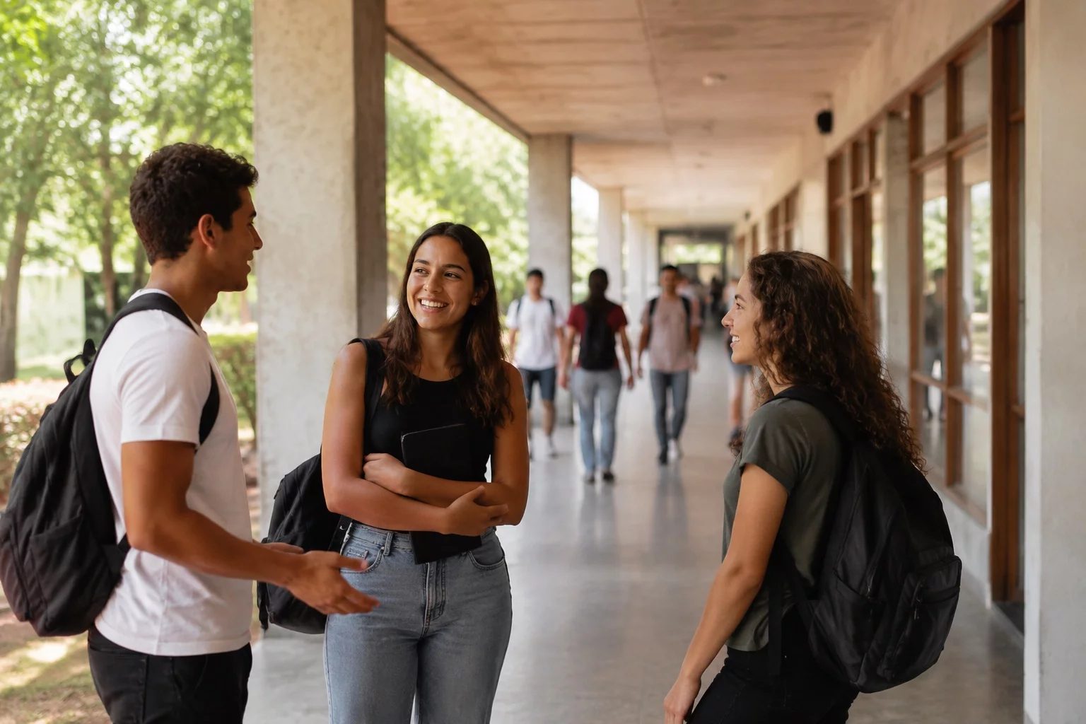 Estudantes com mochilas conversando no corredor de uma universidade