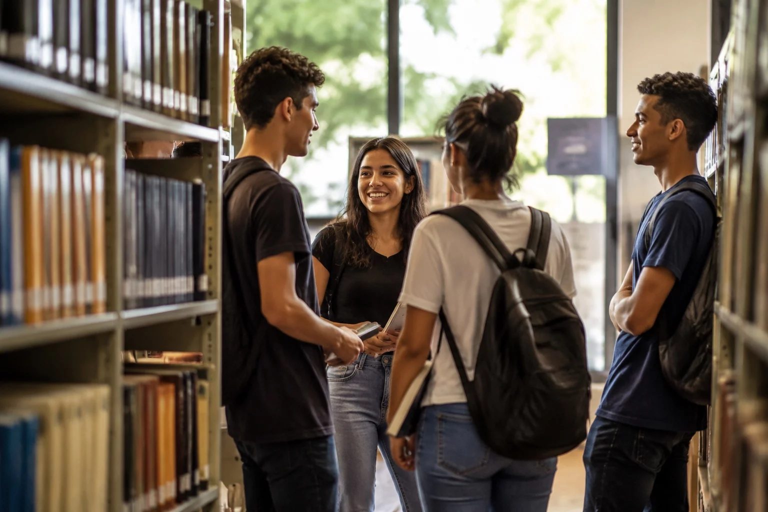 Estudantes conversando em pé entre as estantes de uma biblioteca