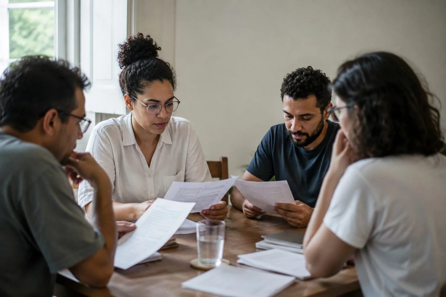 Grupo pequeno lendo páginas impressas de argumentos ao redor de uma mesa