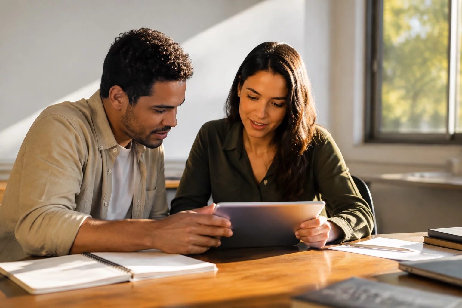 Duas pessoas revisando anotações em um tablet sobre uma mesa de madeira