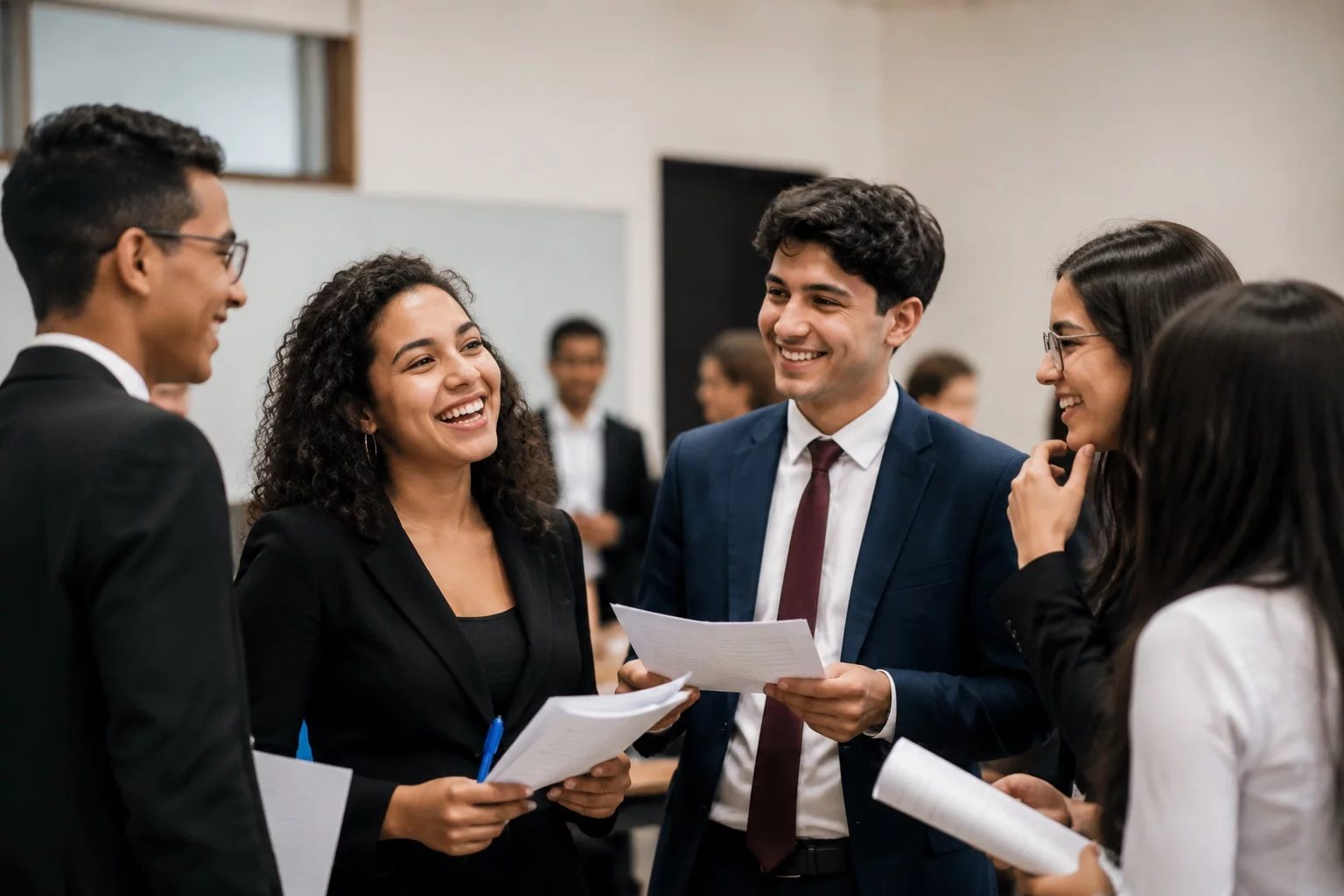 Grupo sorrindo após uma rodada de debate, com papéis nas mãos